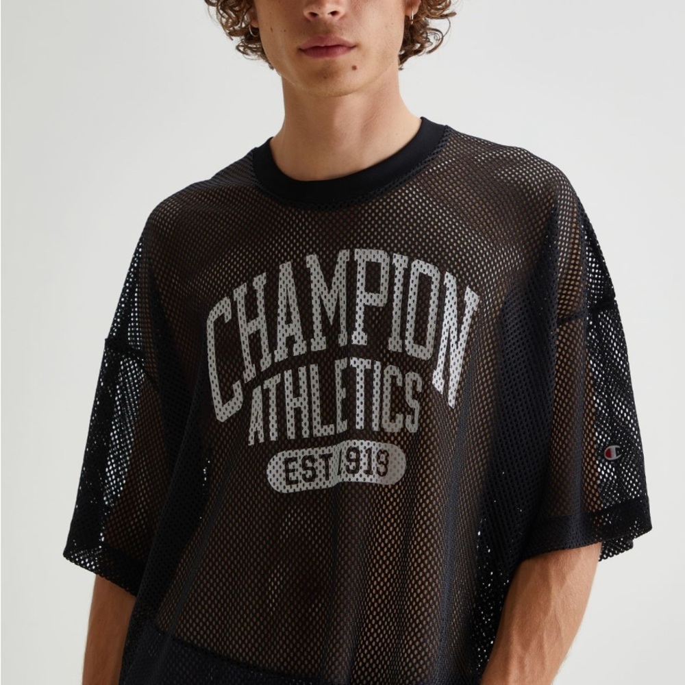 Champion Black Short Sleeve Tee Jersey with Retro Print